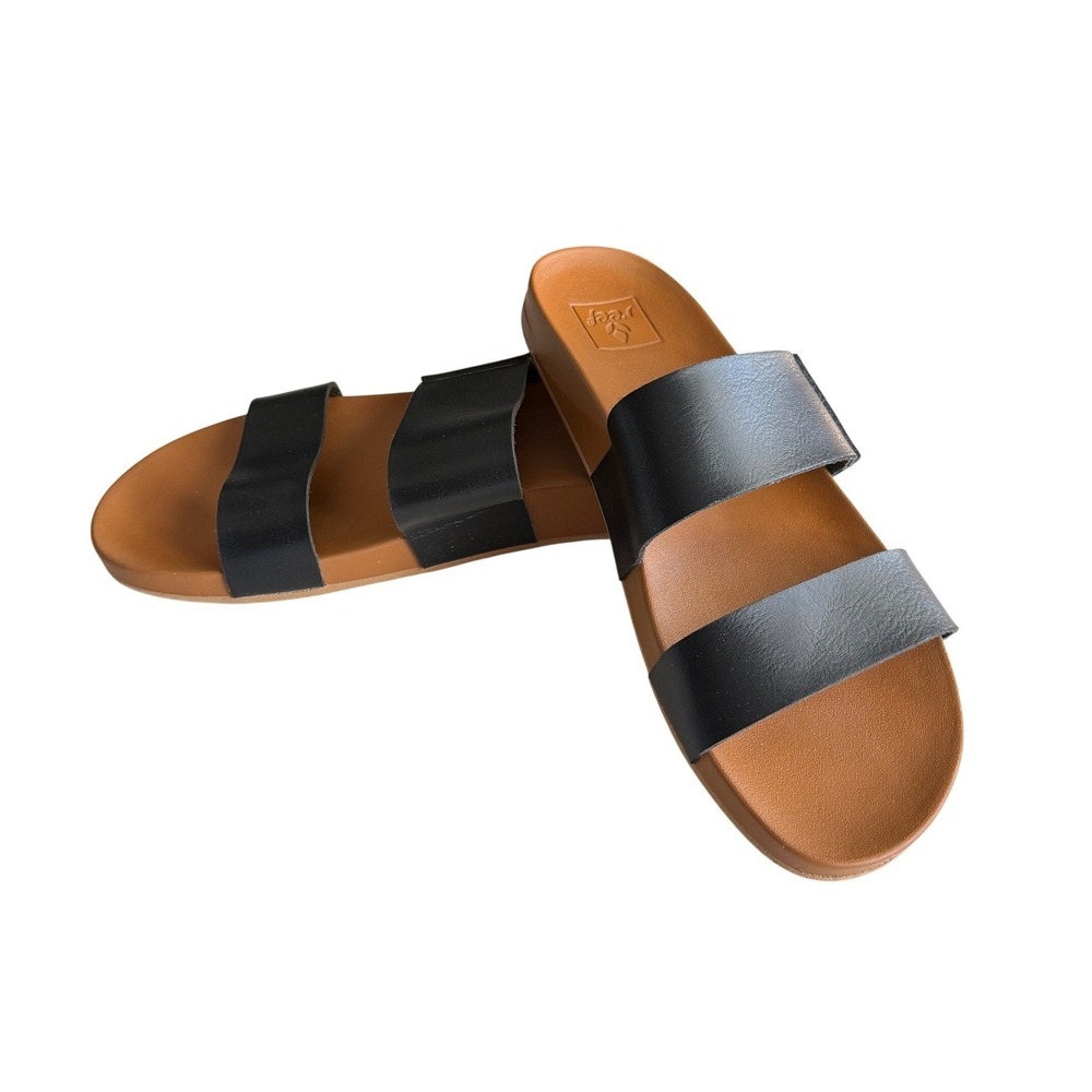Reef Vista Slide Sandals Size 8 Black Tan Two Strap Vegan Leather Beach Summer